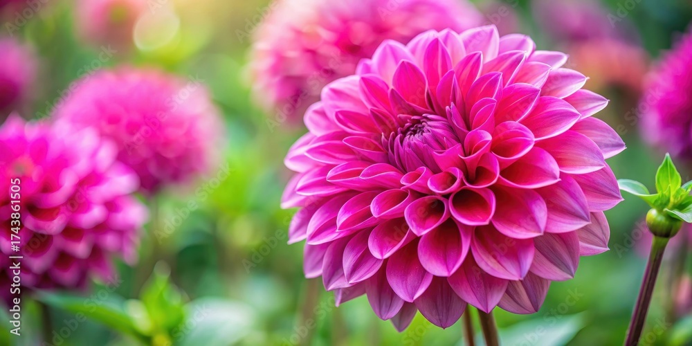 Fototapeta premium Close-up vibrant hot pink dahlia flower in soft focus, garden, detailed, garden, detailed, colorful, horticulture
