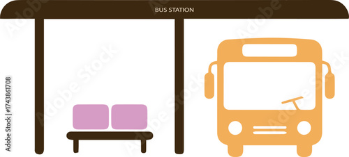 Colorful Bus Station Illustration with Bus and Seats