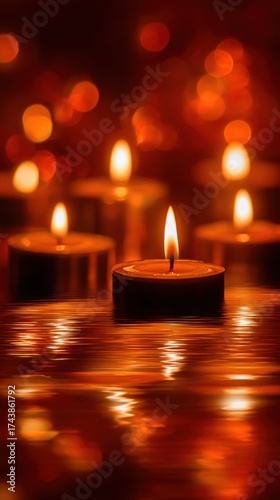 Warm blurred background glowing with dancing candle flames, reflections on glass surfaces, rich orange tone suggesting warmth and spirit, refined copy space.