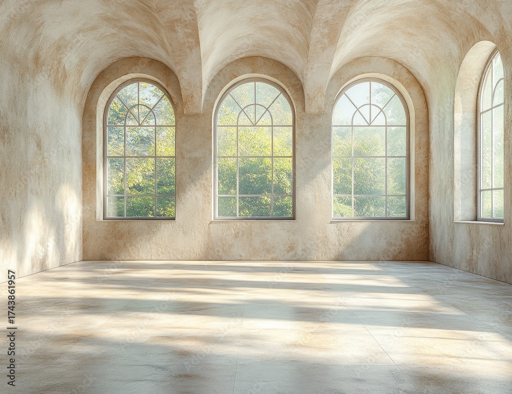 Fototapeta premium Beige Stone Arched Room with Sunlight and Tall Windows Interior View