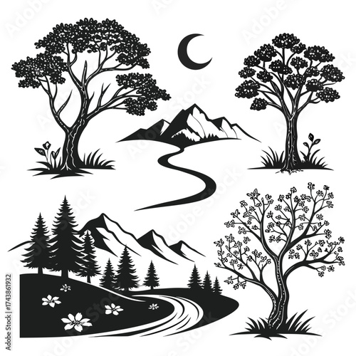 Serene Nature Landscape With Moonlit Mountains, River Path, And Trees For Stock Use