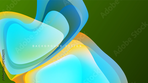 Abstract fluid shapes overlap, creating vibrant color gradients. Green background contrasts with blue, cyan, yellow hues. Modern design element.