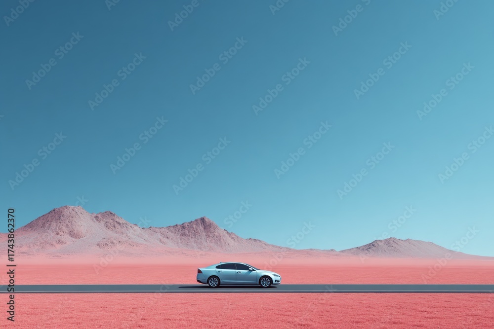 Obraz premium A sleek car drives along a minimalist road in a surreal landscape with pink terrain and a clear blue sky.