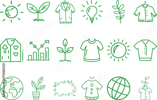 Sustainable fashion concept with green eco clothing line art and growing plants icons