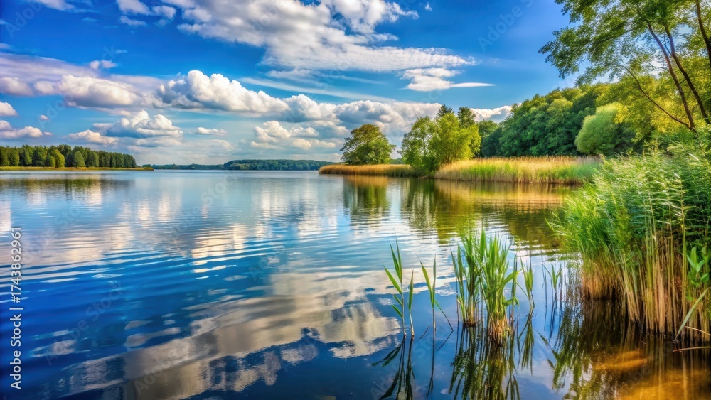 Obraz premium Serene lake shore at Ruhiges Seeufer am Scharm?tzelsee in Brandenburg, surrounded by lush reeds and a covered sky with gentle ripples on the water , ripples, calm
