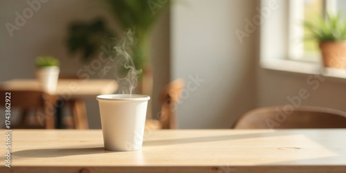 Wallpaper Mural A steaming cup of warm beverage sits on a light wooden table in a sunlit cafe, surrounded by blurred background elements suggesting a calm and relaxing atmosphere. Torontodigital.ca