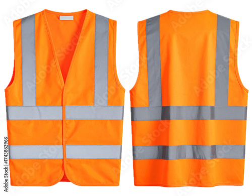 Front and back view of a high visibility orange safety vest with reflective stripes. Isolated on transparent background, png