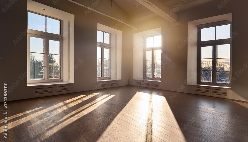 Obraz premium empty room with large windows sunlight casts shadows on floor