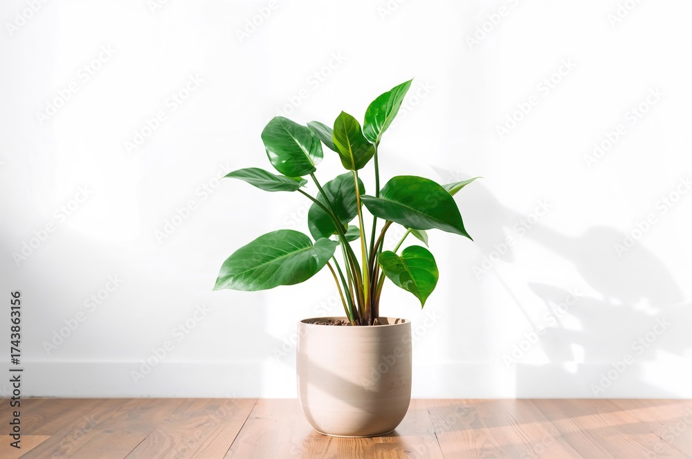 Fototapeta premium Potted Zamioculcas plant against a plain white backdrop