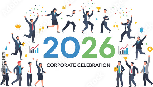 Vector art of enthusiastic business team celebrating corporate success in 2026