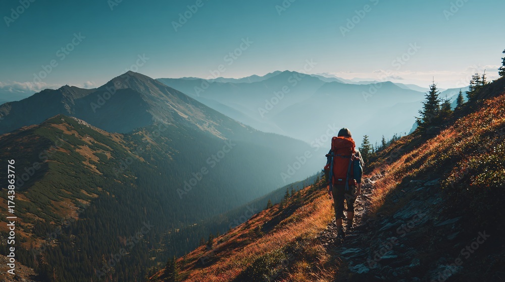 Obraz premium Mountain hiking trail with traveler backpack