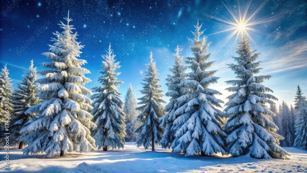 Naklejka premium Frost-covered evergreen trees stand tall against a clear winter sky with snowflakes gently falling around them, frozen tree branches, wintery woods