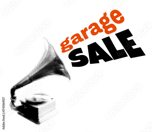 Vintage Garage Sale Vector Illustration with Halftone Effect Featuring Gramophone