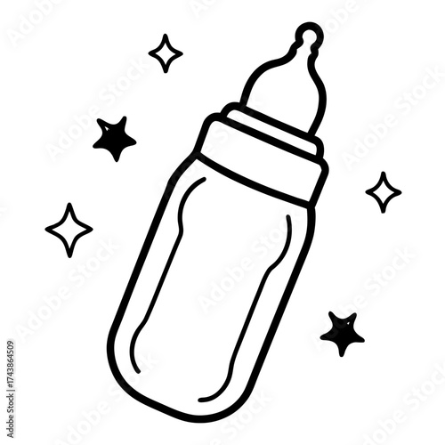 Baby bottle outlined with stars illustration for feeding milk formula and newborn nutrition