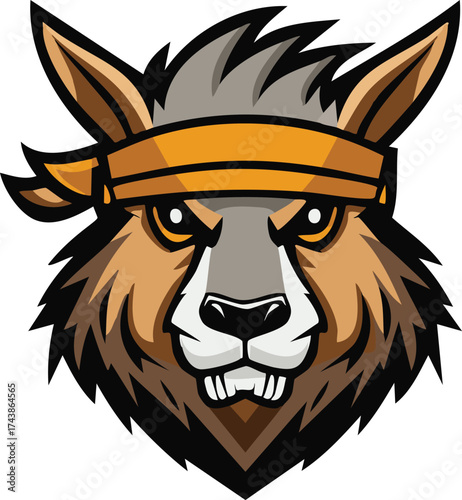 Ferocious Fighter: Determined Kangaroo Mascot Head in Bandana