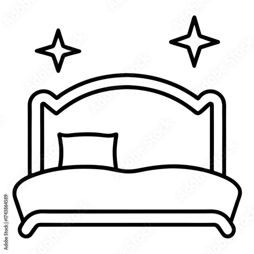 Cozy bed with headboard pillow and two stars shining above in outline illustration