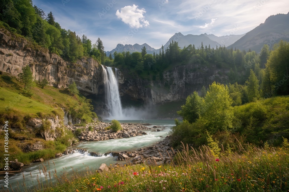 Fototapeta premium Cascading water flowing through rocky cliffs in a scenic valley