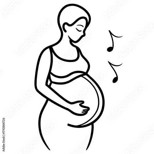 Pregnant woman with hands on belly listening to music a beautiful black and white vector design