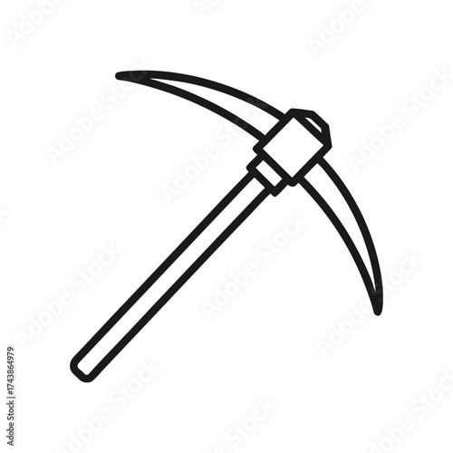 Vector illustration of a pickaxe tool with a wooden handle on a white background. Outline icon of a pickaxe.