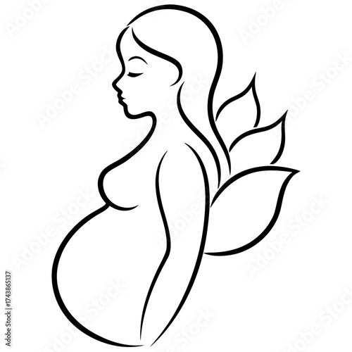 Elegant line art illustration of pregnant woman with floral element reflecting motherhood and new beginnings concept