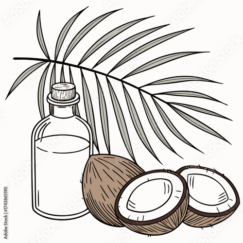 A glass bottle of coconut oil sits next to whole and halved coconuts with a palm frond overhead