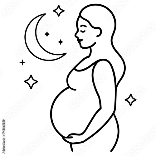 Elegant pregnant woman outline with moon and stars serene motherhood concept design vector