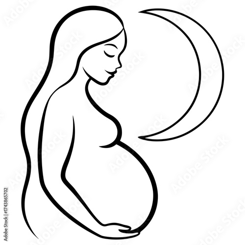 Pregnant woman silhouette with moon outline representing motherhood anticipation and the beauty of life in black and white art