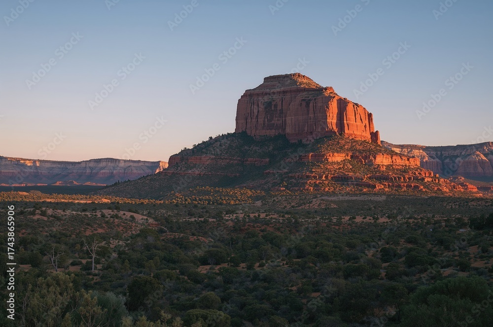 Fototapeta premium Scenic perspective of a prominent rock formation from a nearby highway in the desert region
