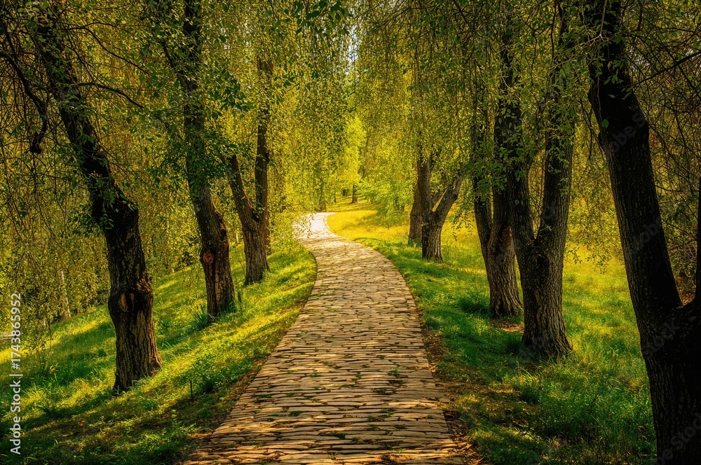 Naklejka premium Stone pathway surrounded by a canopy of leafy green trees