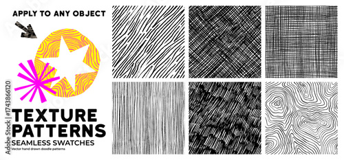 Crosshatch seamless pattern set with doodle crayon lines and hand drawn linen texture. Seamless pattern swatches. Zebra ornament, wood texture, and wavy doodles can be applied to any object.