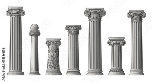 A collection of ancient classical architectural columns with ornate decorative elements and varied heights.
