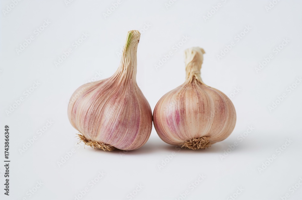 Fototapeta premium Two garlic bulbs against a plain white backdrop. Nutritious produce. Organic nutrients. Detailed close-up image.