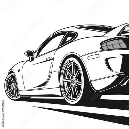 Sleek modern sports car rendered in a dynamic black and white line art style with a dramatic shadow