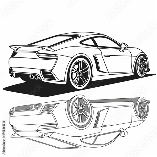 Sleek modern sports car shown from rear and underside views in clean line art style