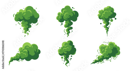 Collection of stylized green smoke or gas cloud illustrations with a cartoonish feel.