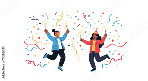 Two joyful people celebrating with sparklers and confetti at a party.