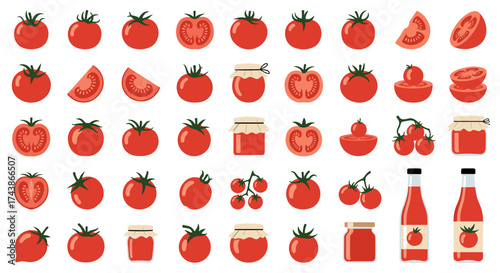 A collection of fresh tomatoes in various forms including whole fruit sliced and jars of sauce.