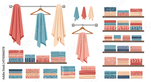 Stacks of folded textiles and towels hanging on racks for domestic use.