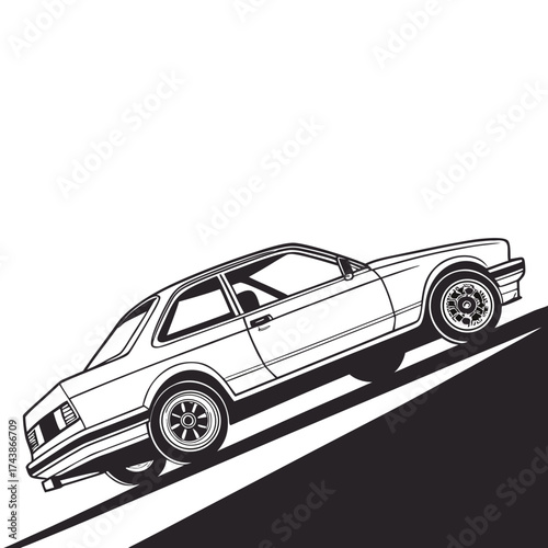 Quadro su tela Stylized black and white line art illustration of a classic coupe car driving up