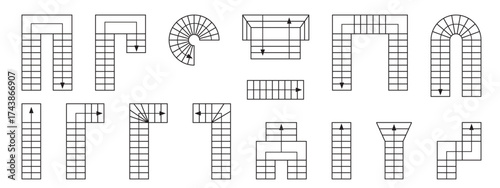 Set of stairs icons with direction arrows for floor plan. Staircase symbols for interior design project. Stairway elements for architecture blueprint isolated on white background. Vector illustration