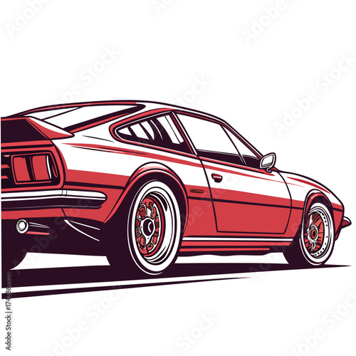 Stylized illustration of a classic red sports coupe car with custom wheels and a sleek design