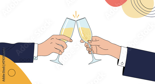 Two hands in business suits clinking champagne glasses together in celebration.