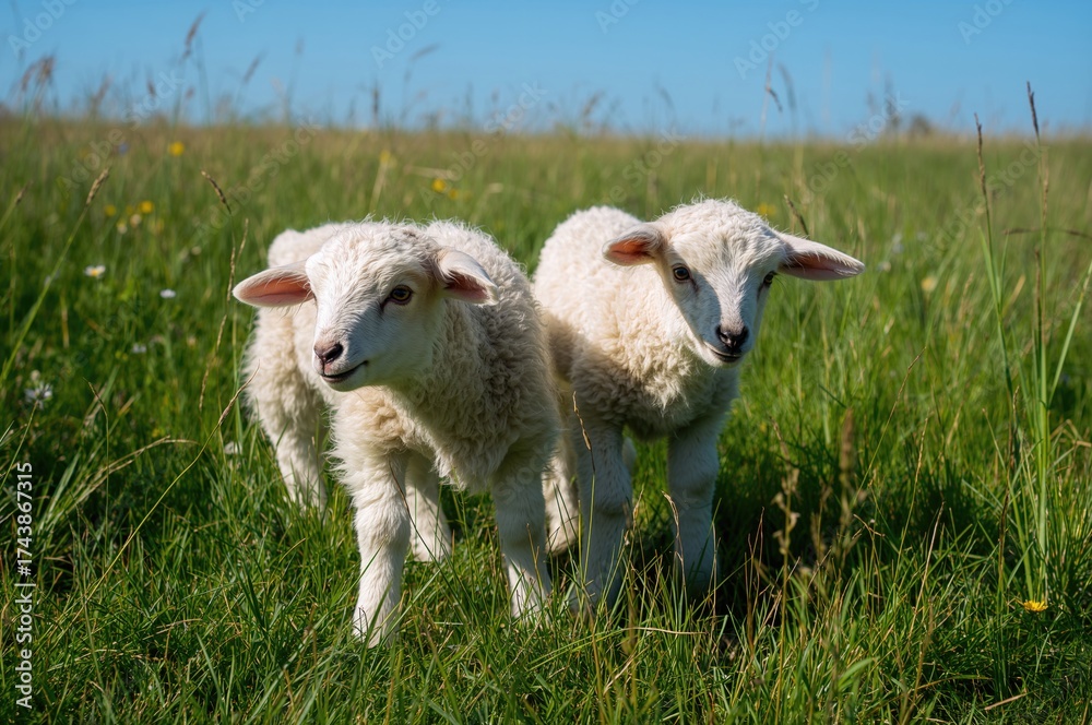 Obraz premium A pair of adorable lambs grazing in a field
