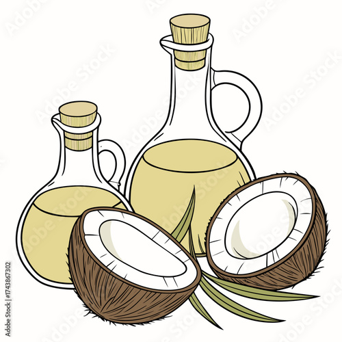 Two glass bottles filled with golden coconut oil beside halved coconuts and green leaves on a white background