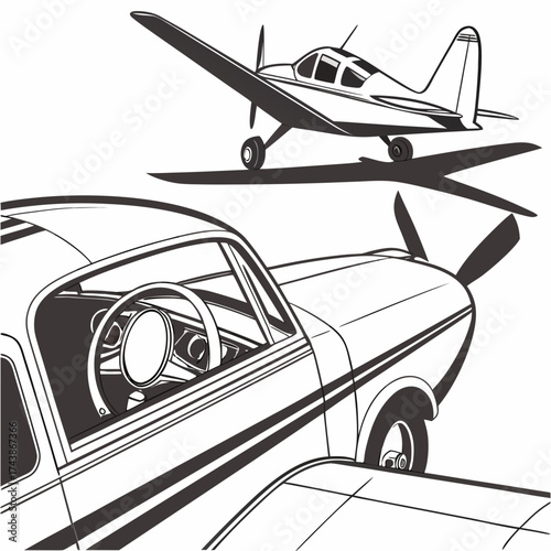 Vintage airplane in the sky above a classic car interior with steering wheel and dashboard