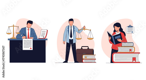 Legal professionals review documents and balance scales of justice while reading books.