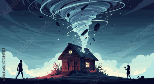 A powerful tornado swirls above a small wooden house with two figures observing the natural disaster unfolding around them in the dark sky.