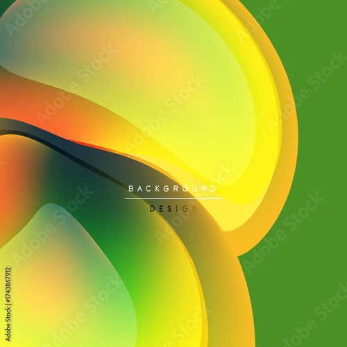 Abstract fluid shapes overlap. Vibrant colors blendyellows, greens, oranges. Modern design evokes movement, energy, positivity.