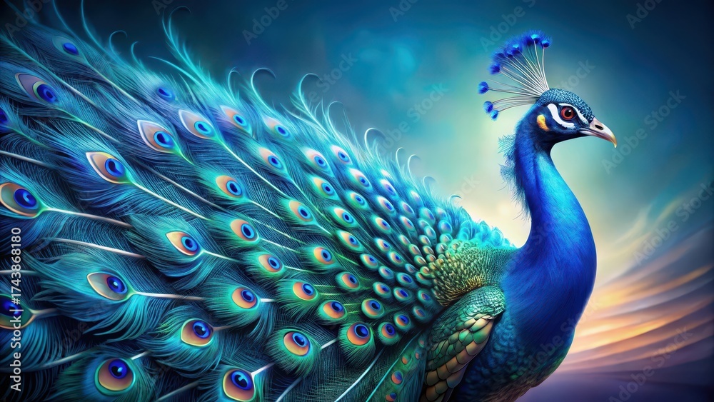 Obraz premium A stunning abstract peacock with vibrant blue plumage and intricate feathers against a gradient background, surreal, blue