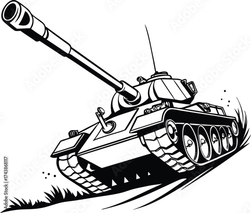 Dynamic illustration of a military tank in motion with its cannon raised